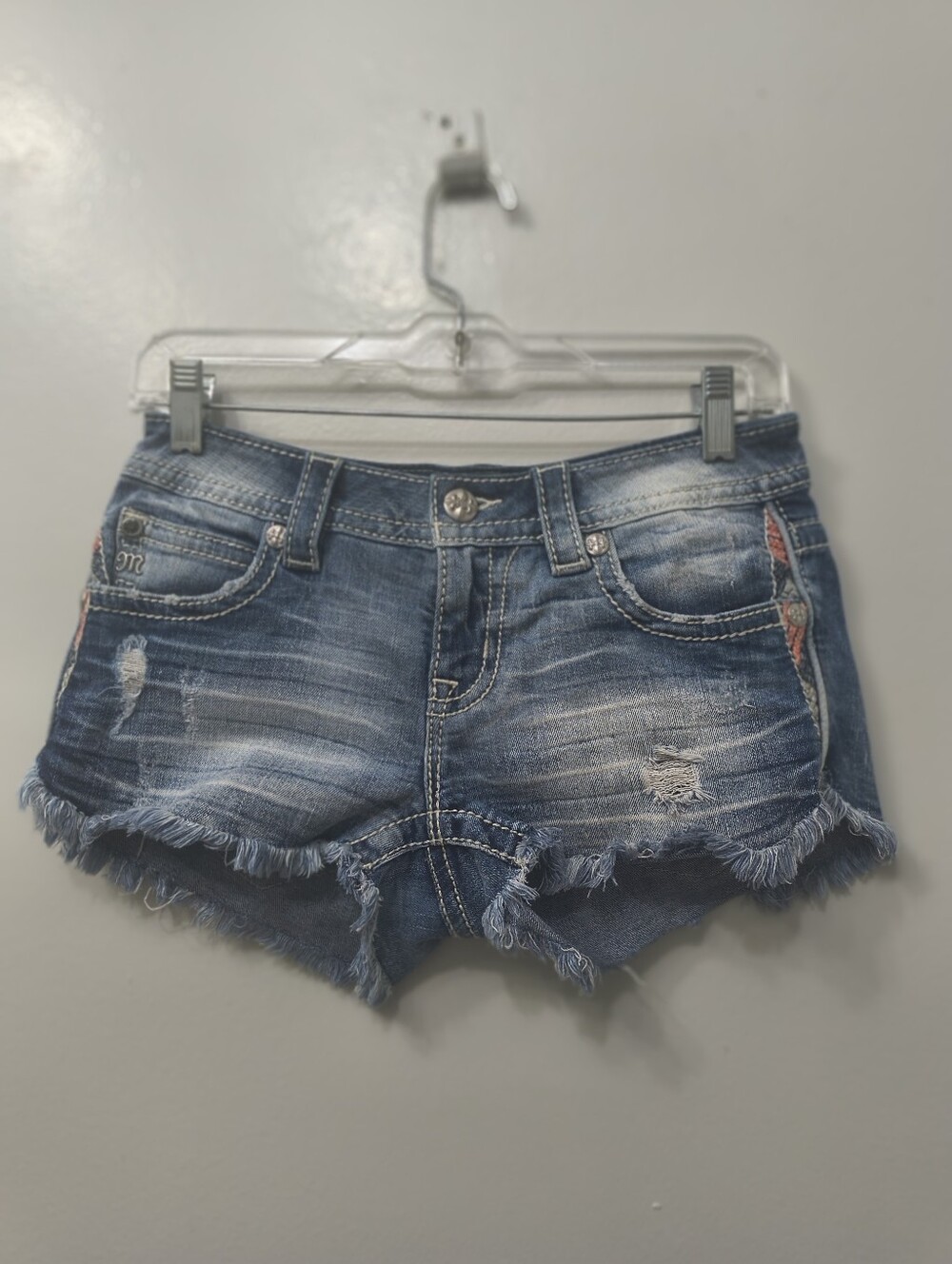 Miss Me Frayed Hem Distressed Denim Shorts - Blue Sz 25 Y2K Western Micro Shorts